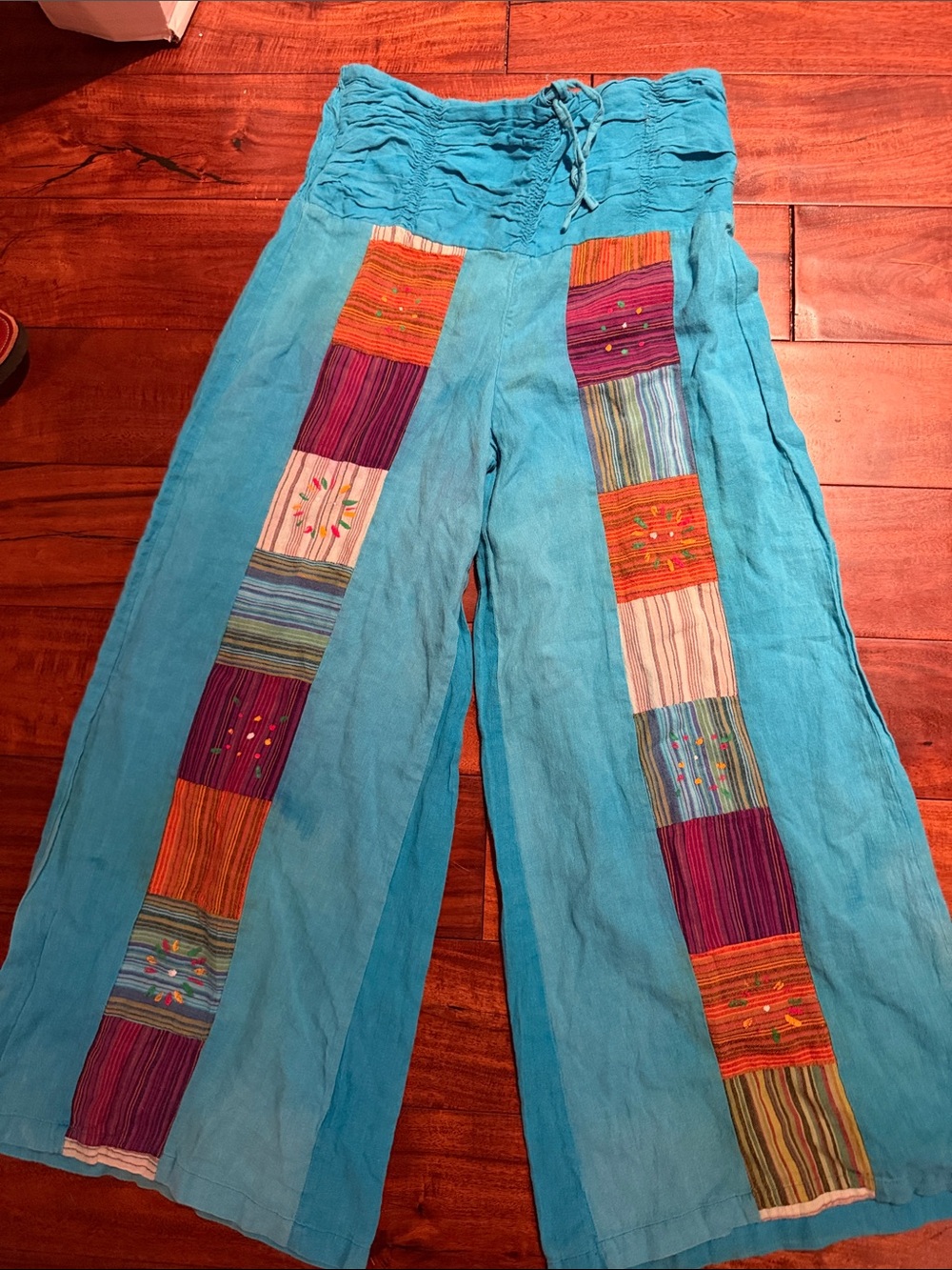 Boho Turquoise Wide-Leg Patchwork Stripe Pants